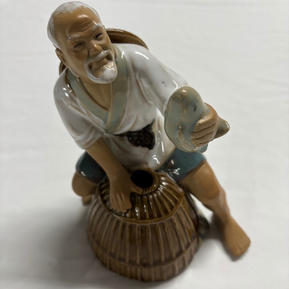 Vintage Ceramic Chinese Fisherman Figurine - Rustic Decor - 7”